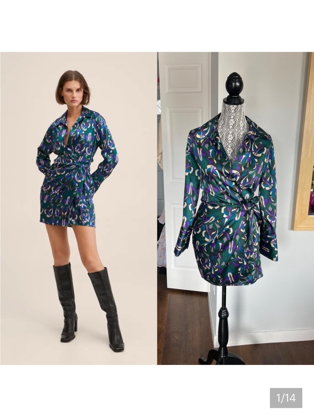 New Mango Retro Pattern Jewel Tone Wrap Dress. Medium.
